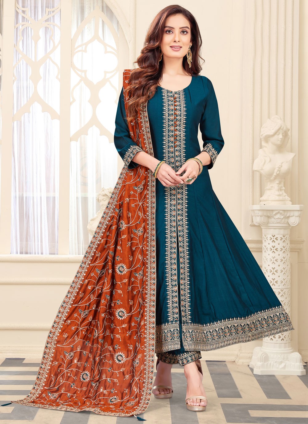 Anarkali Embroidered Morpeach, Teal Silk T5609