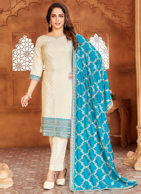 Pant Style Suit Embroidered, Zari Off White T7885