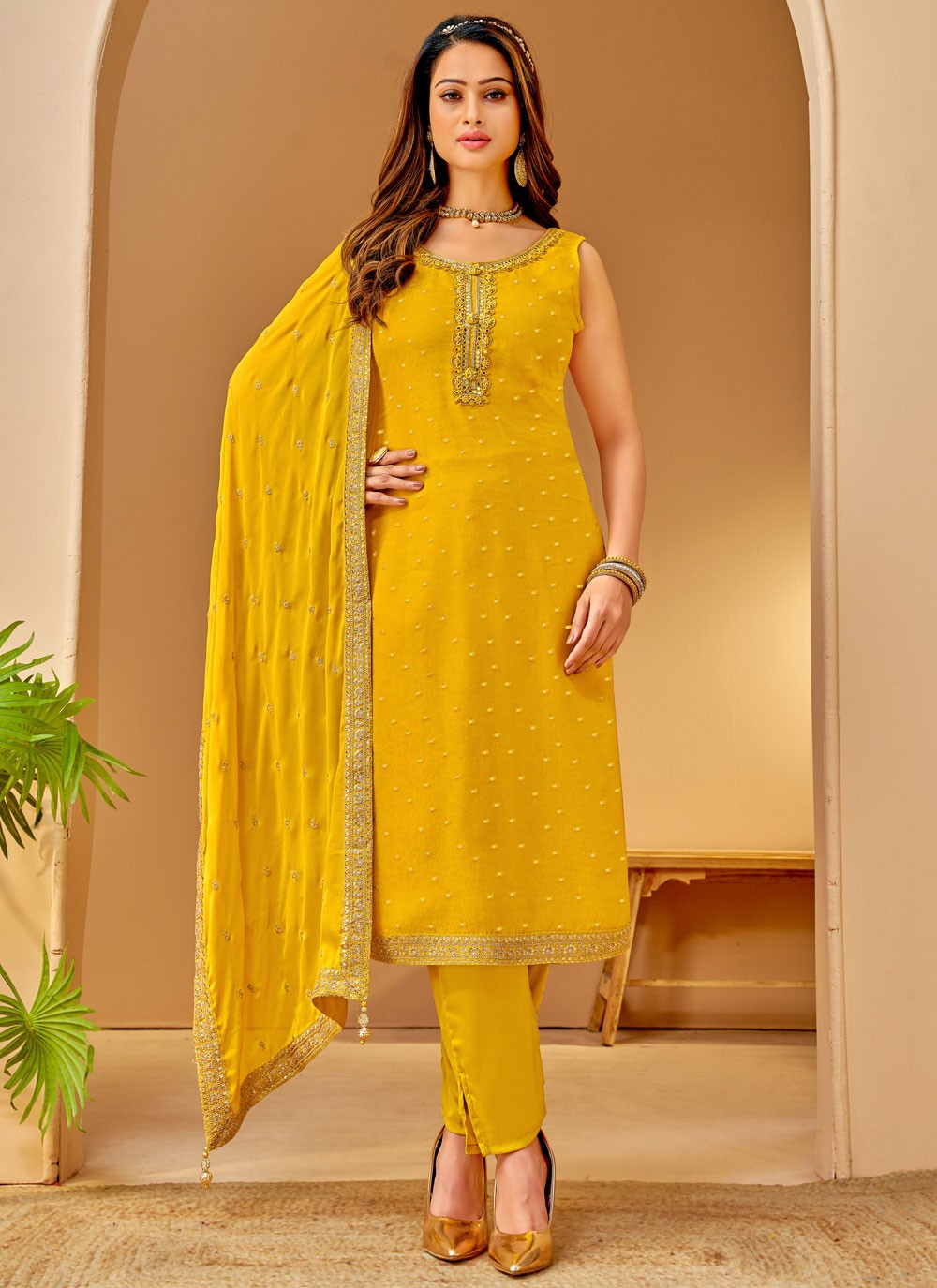 Pant Style Suit Embroidered, Sequins, Zari Yellow T7434