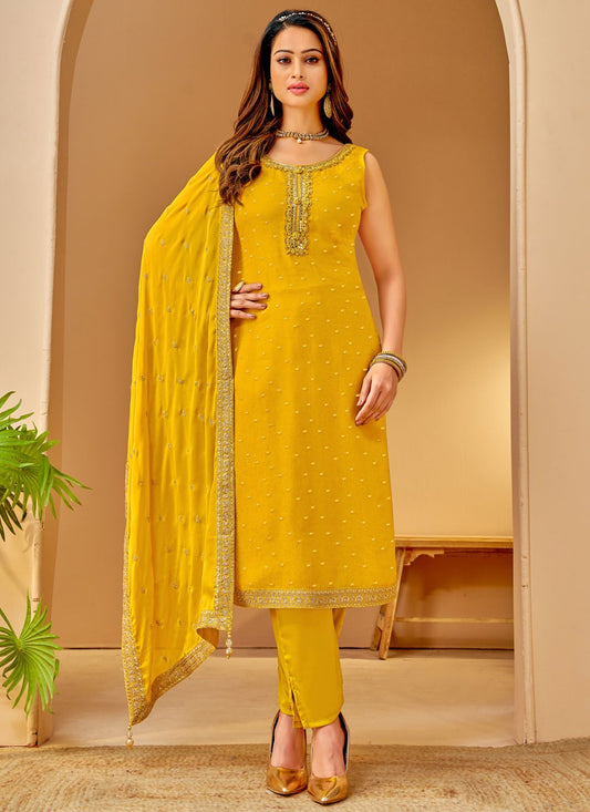 Pant Style Suit Embroidered, Sequins, Zari Yellow T7434