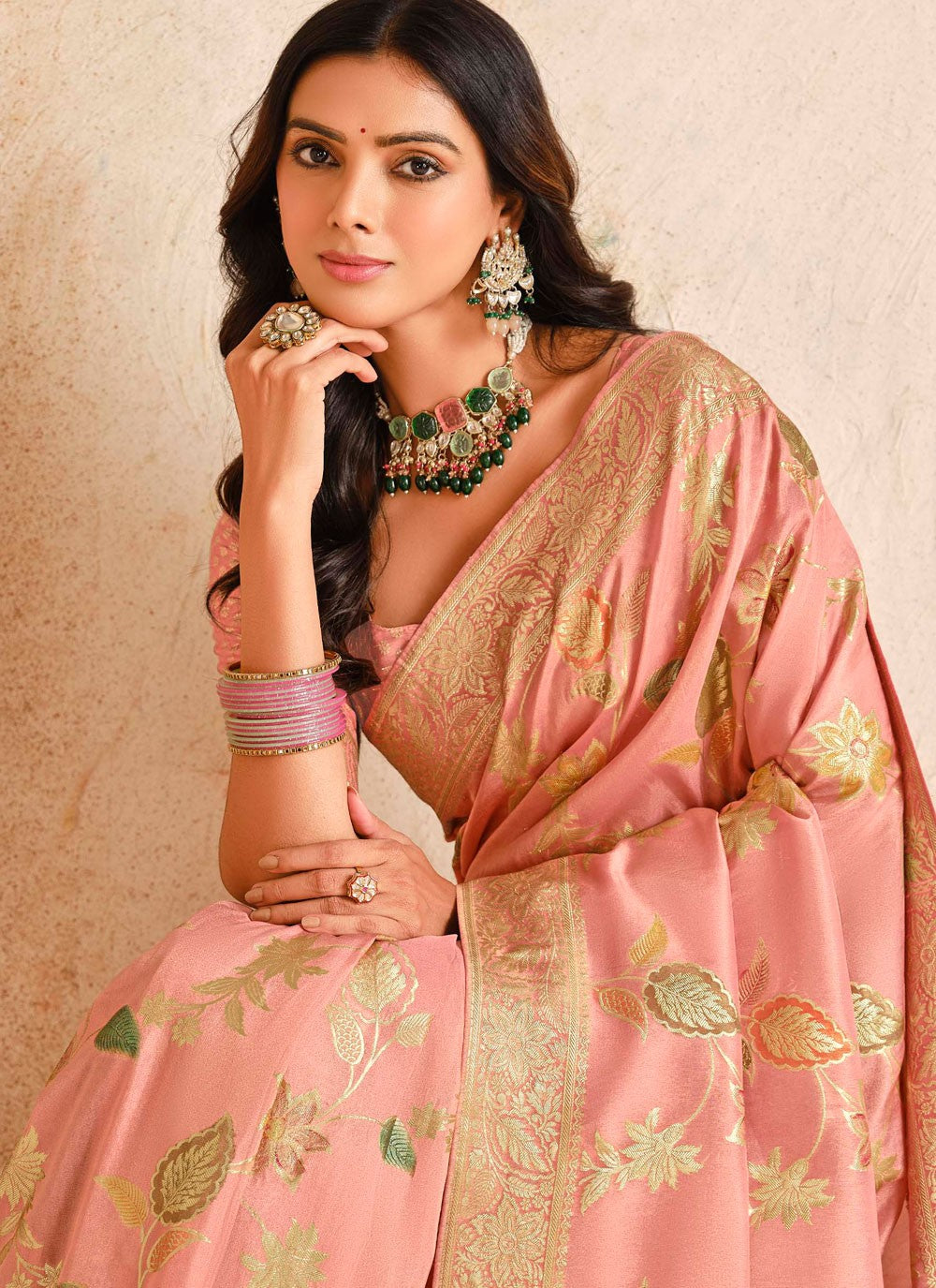 Classic Saree Fancy Work Peach, Pink Silk Saree S13263