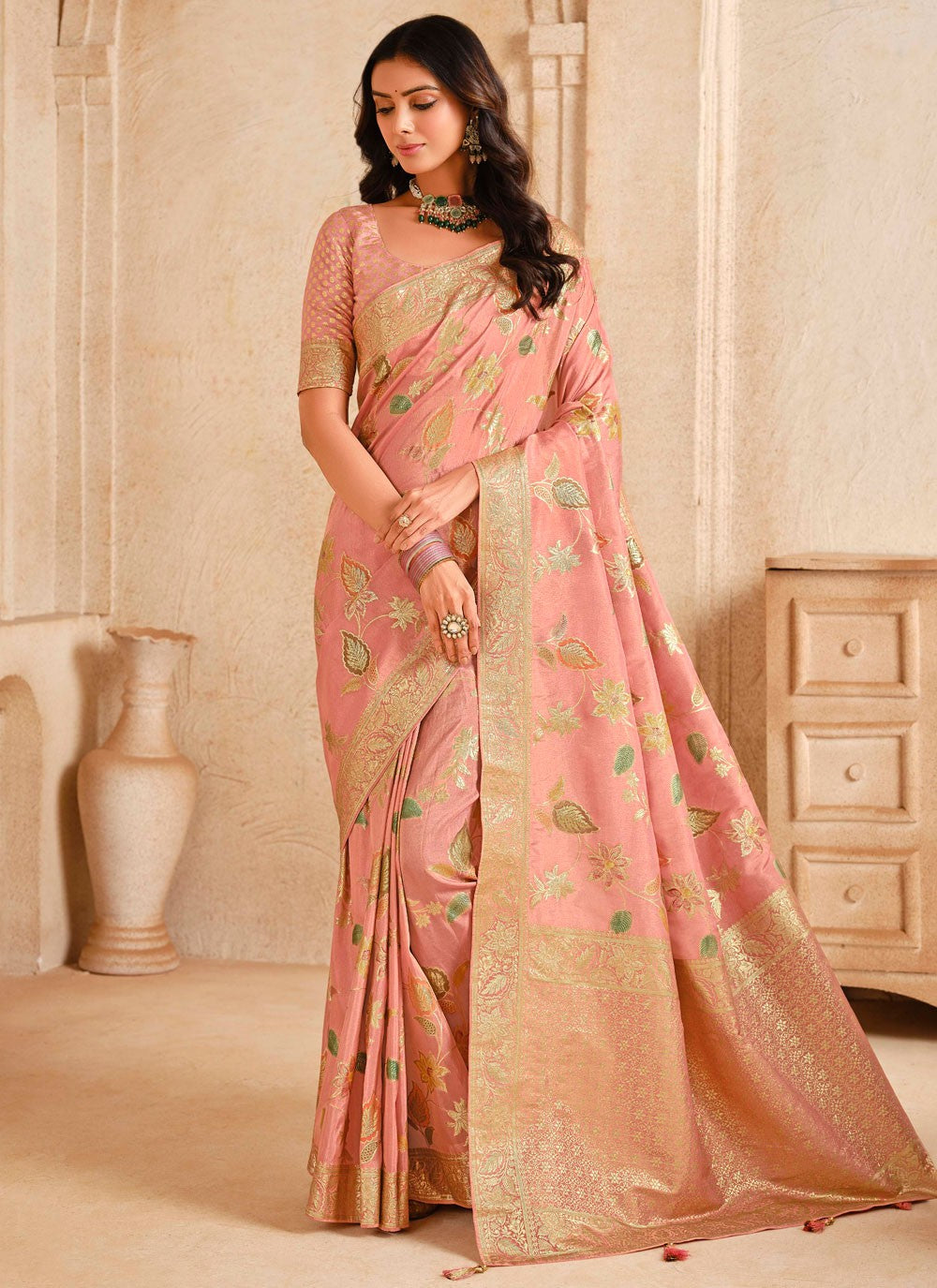 Classic Saree Fancy Work Peach, Pink Silk Saree S13263