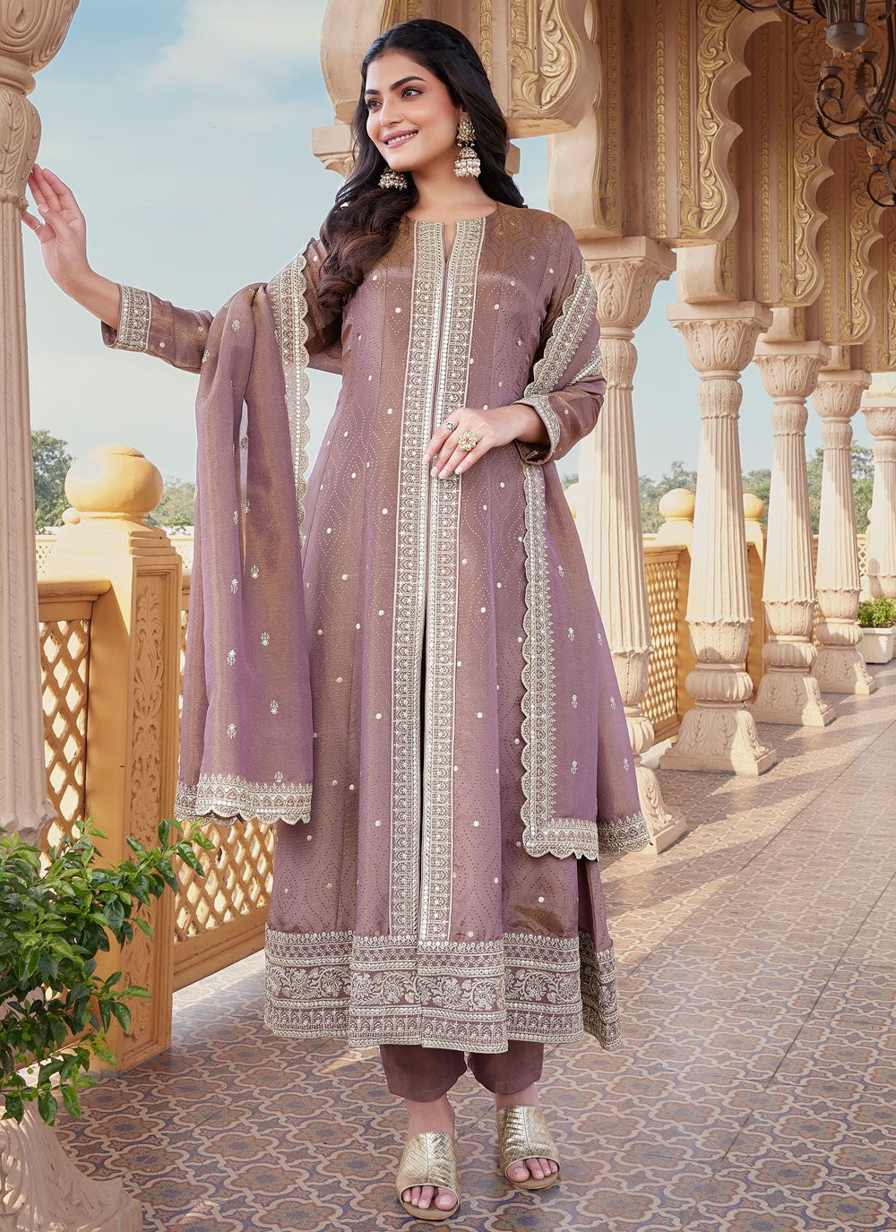 Salwar Suit Embroidered Purple Silk T5456