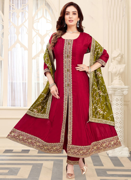 Salwar Suit Embroidered Hot Pink Silk T5692