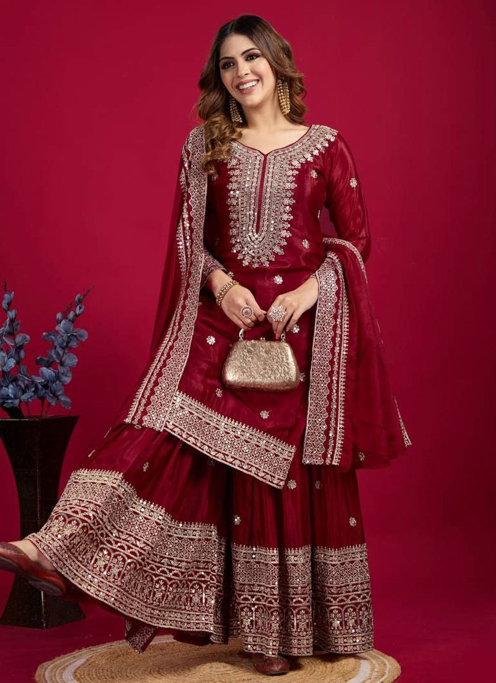 Salwar Suit Embroidered Hot Pink, Maroon Chinon T5888