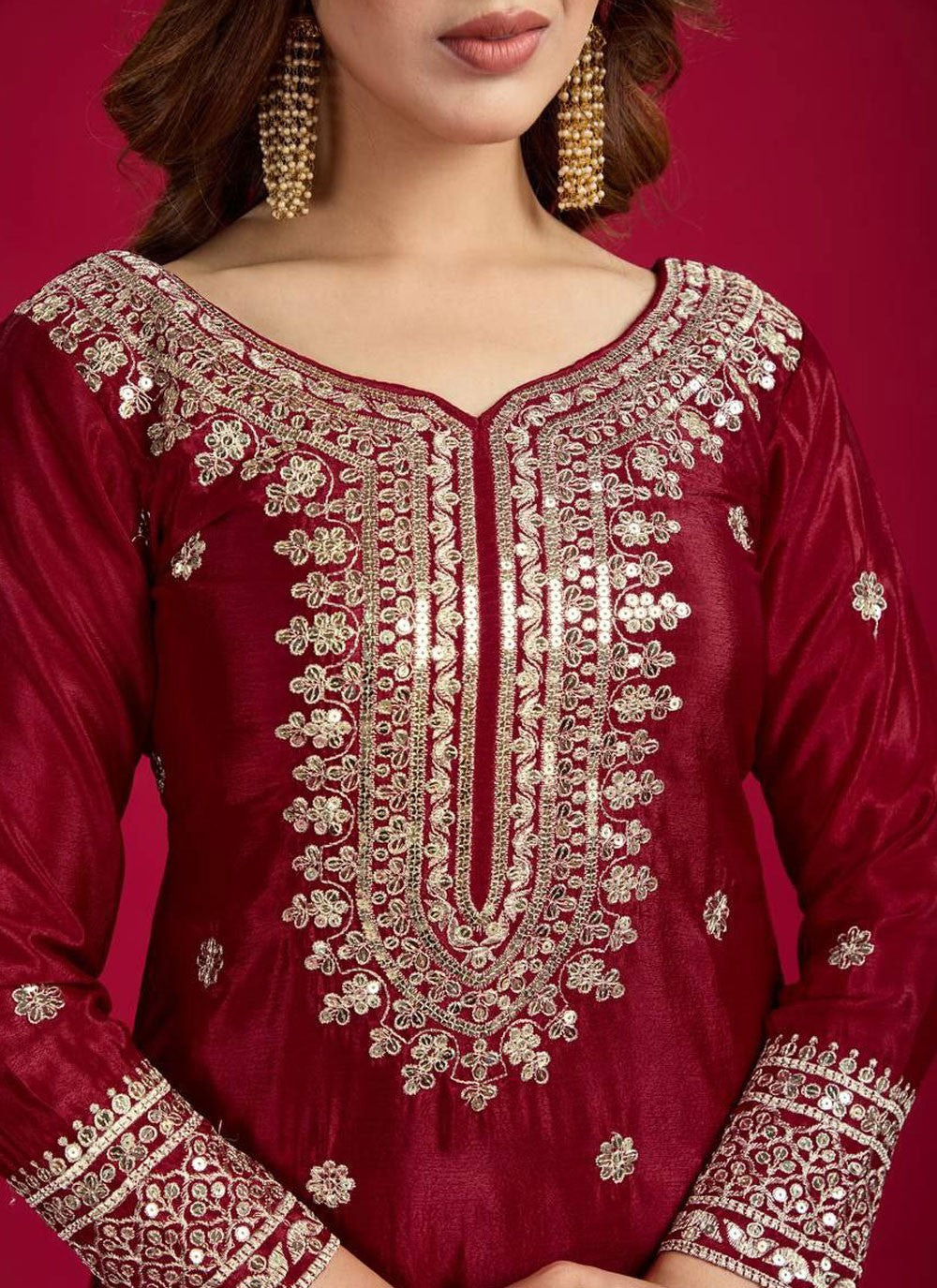 Salwar Suit Embroidered Hot Pink, Maroon Chinon T5888