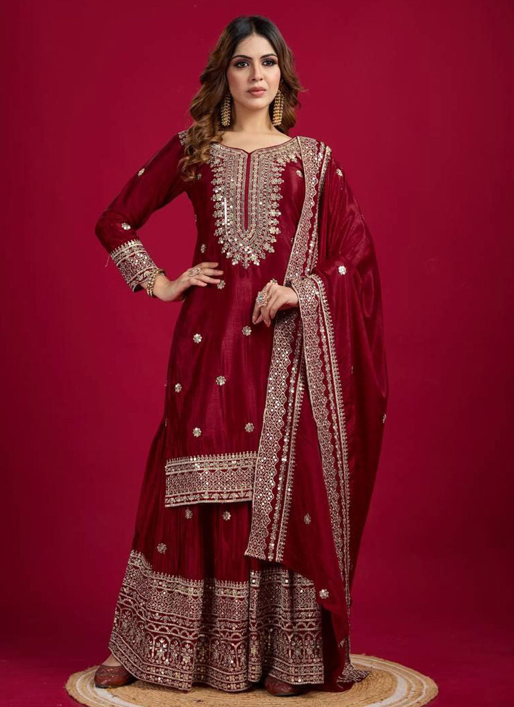 Salwar Suit Embroidered Hot Pink, Maroon Chinon T5888