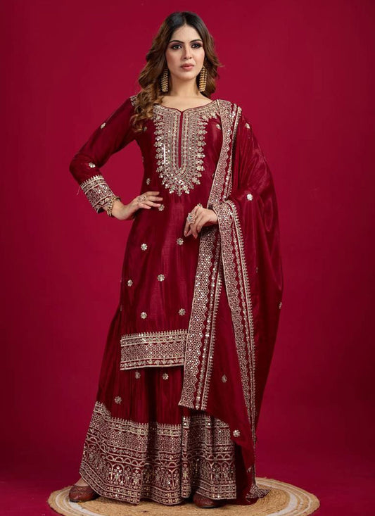 Salwar Suit Embroidered Hot Pink, Maroon Chinon T5888