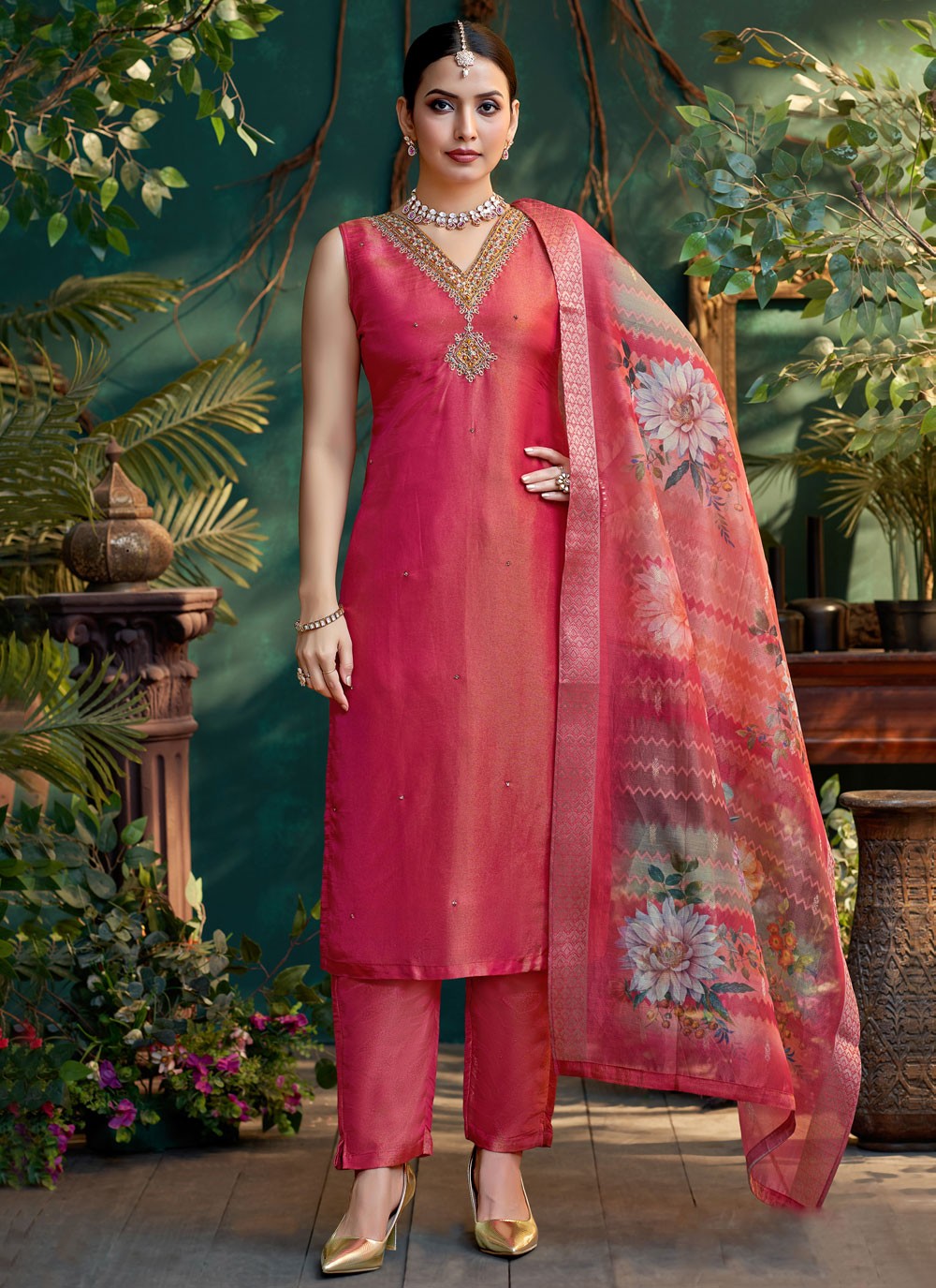 Pant Style Suit Embroidered, Zari Hot Pink T8114