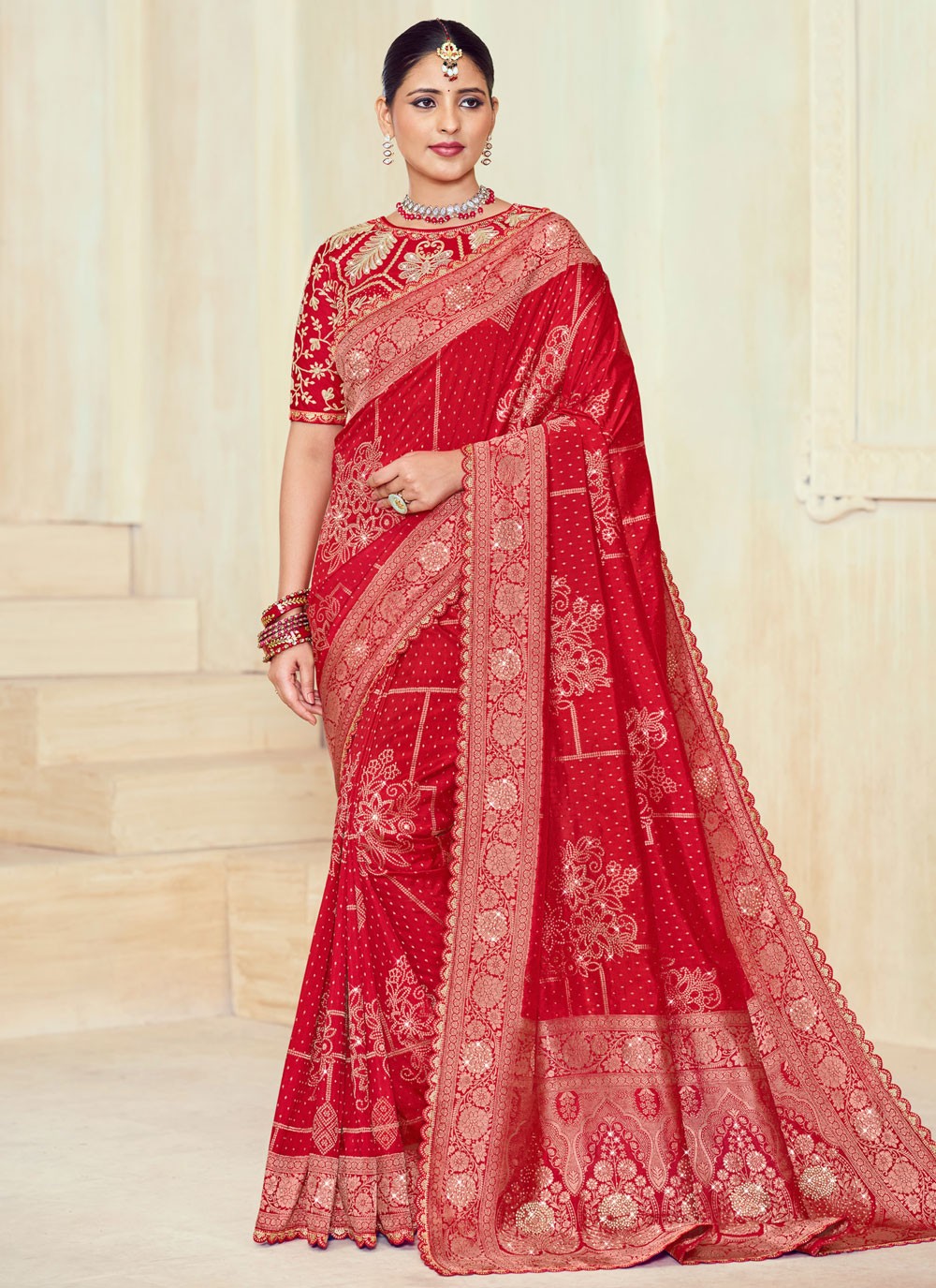 Classic Saree Cut Work Red Silk Saree S12722