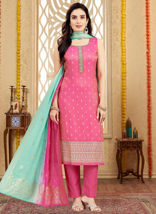 Pant Style Suit Embroidered, Zari Pink T7994