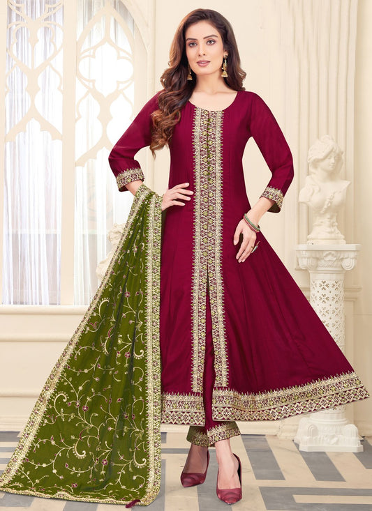 Salwar Suit Embroidered Wine Silk T5612