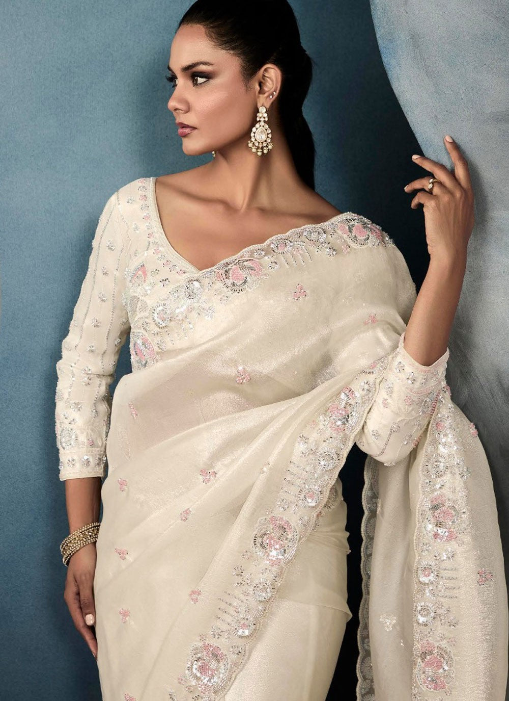 Cut Work Tissue Off White Contemporary Saree S14867