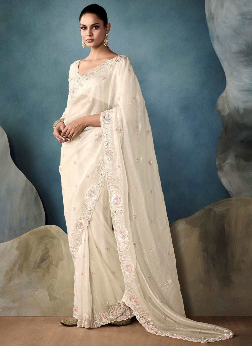 Cut Work Tissue Off White Contemporary Saree S14867