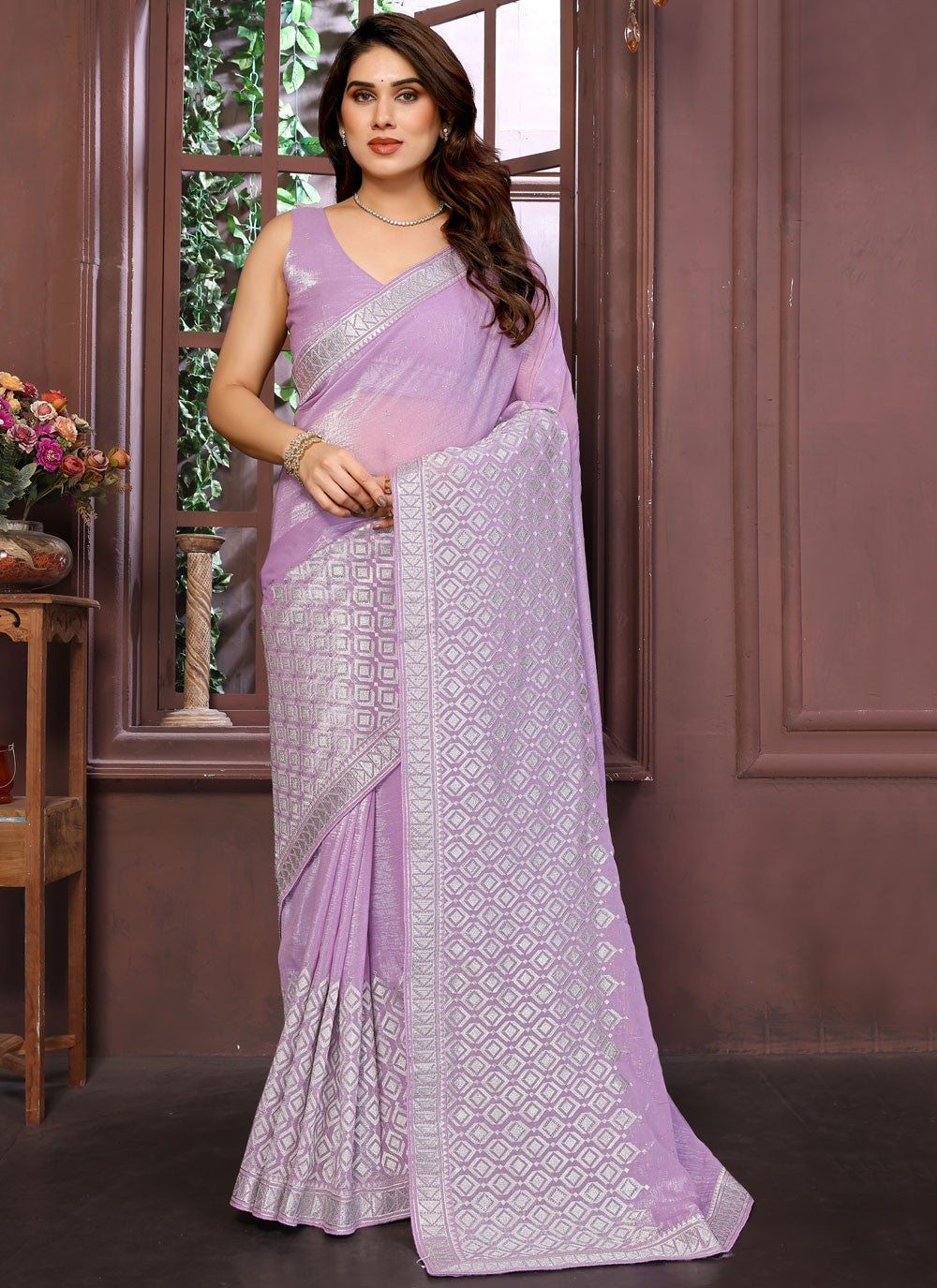 Mauve Pure Crepe Traditional Saree Weaving Zari, Zari S15771