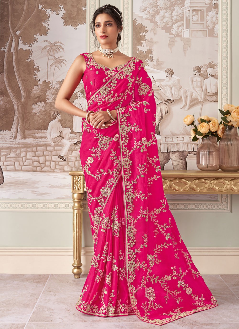 Hot Pink Organza Traditional Saree Embroidered, Sequins, Stones, Zari S17437