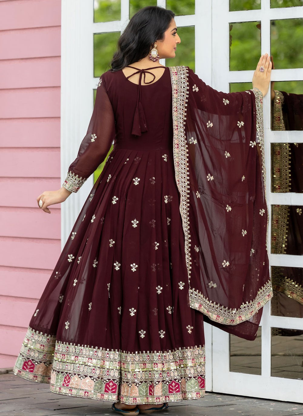 Embroidered Faux Georgette Wine Anarkali T5962