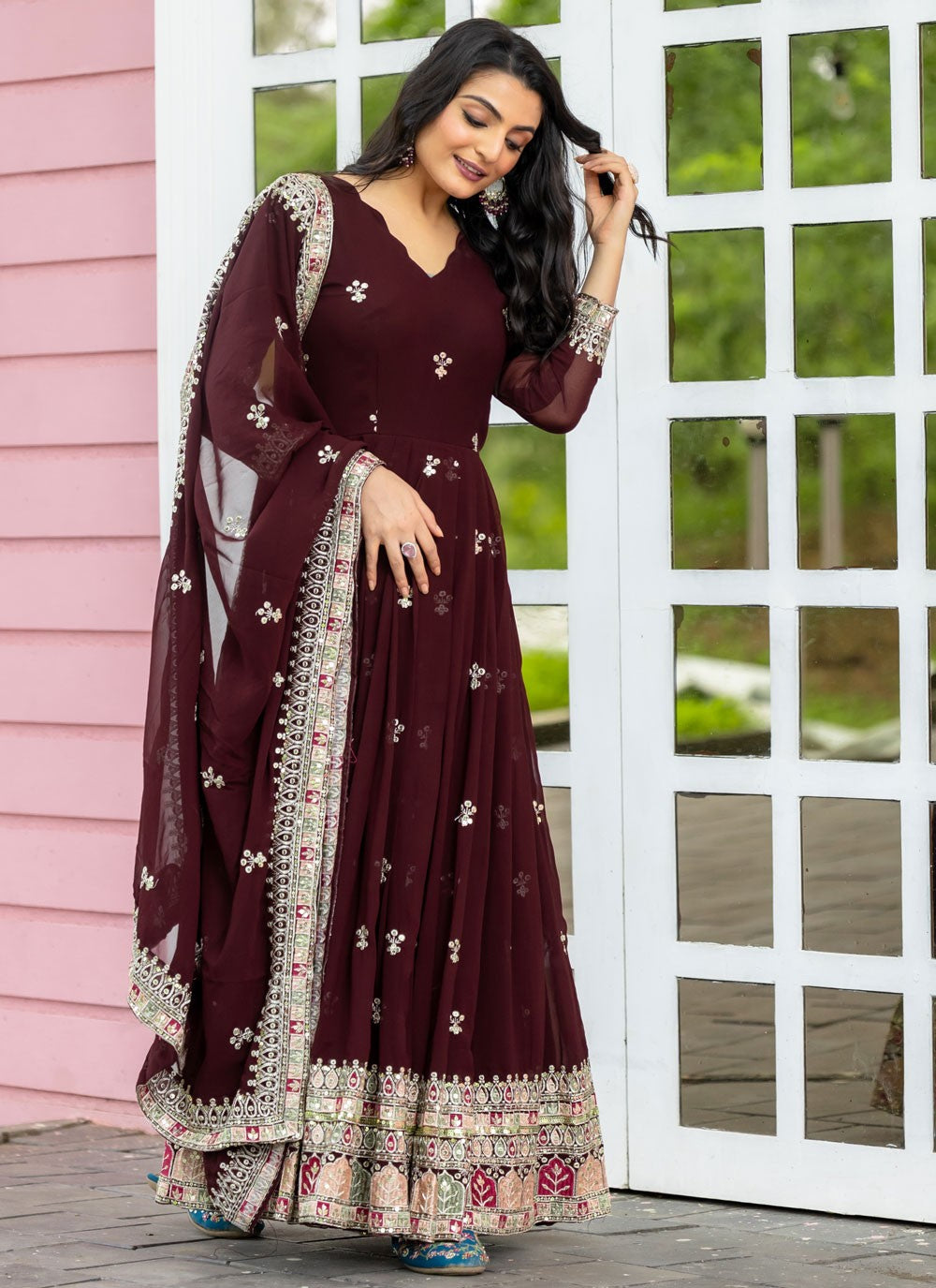 Embroidered Faux Georgette Wine Anarkali T5962