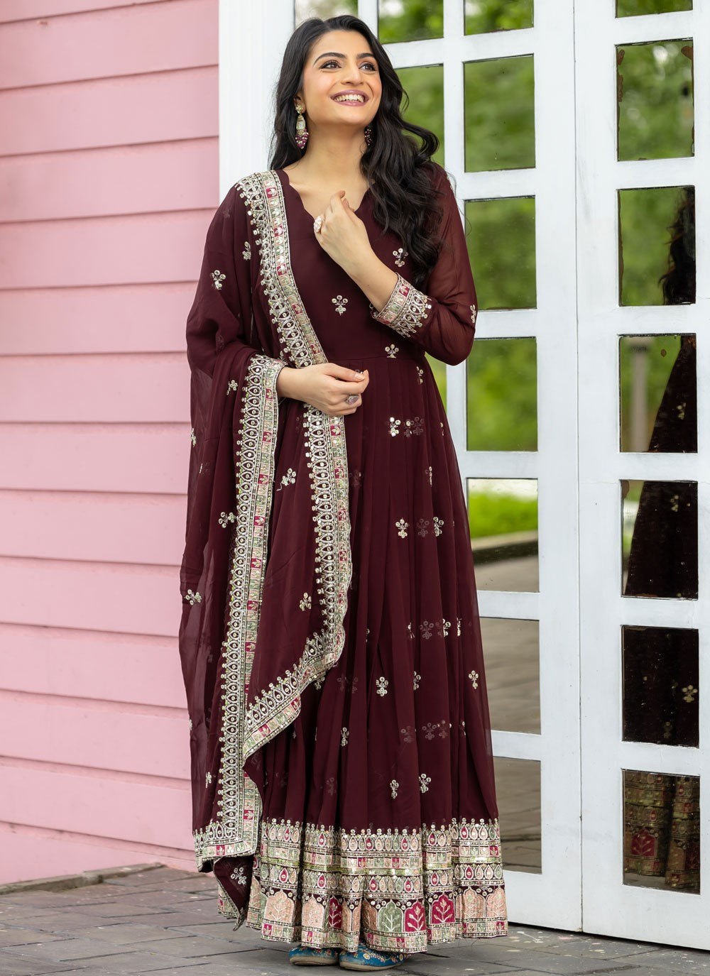Embroidered Faux Georgette Wine Anarkali T5962