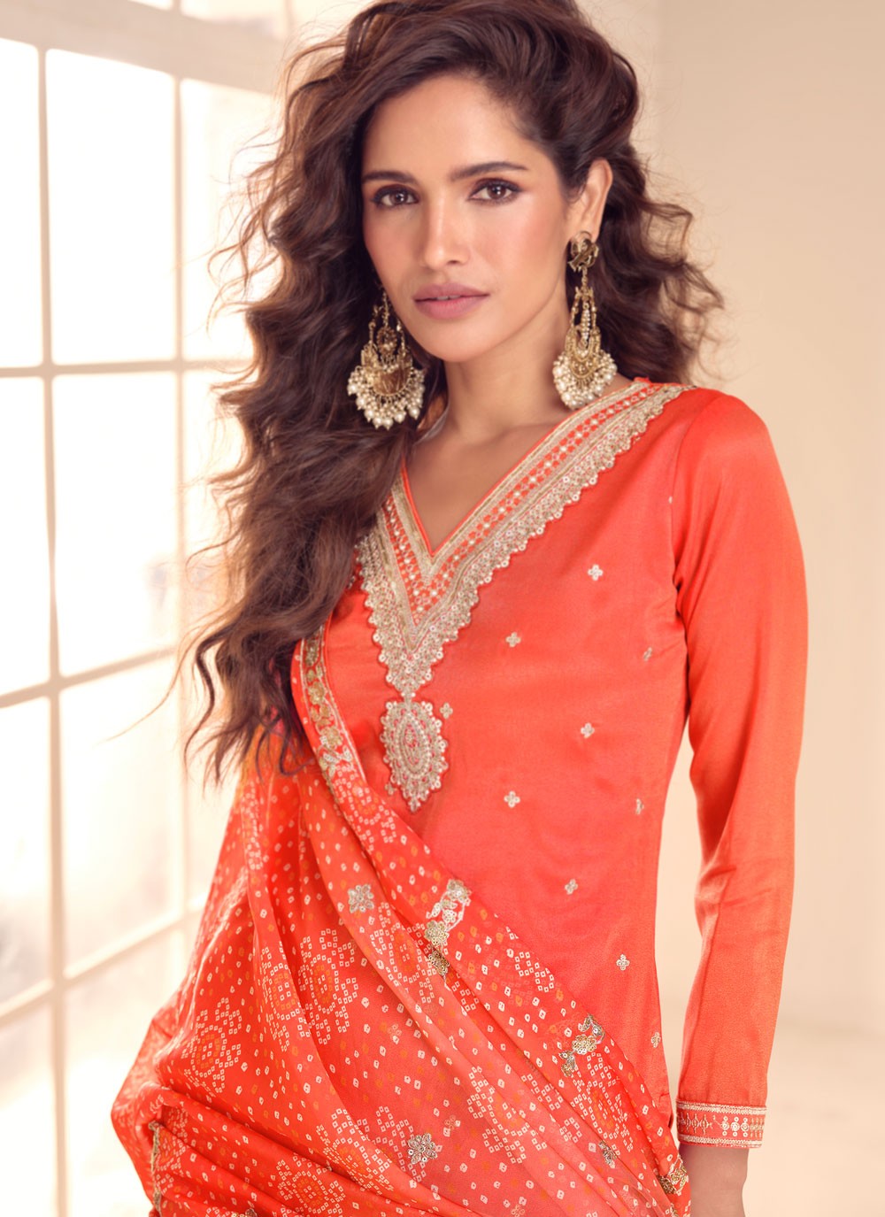Embroidered Shimmer Orange Salwar Suit T5924