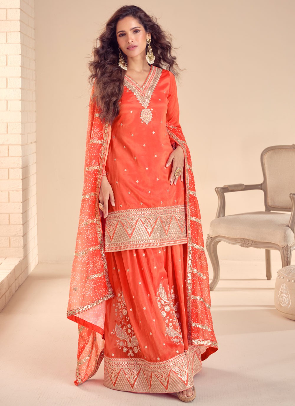 Embroidered Shimmer Orange Salwar Suit T5924