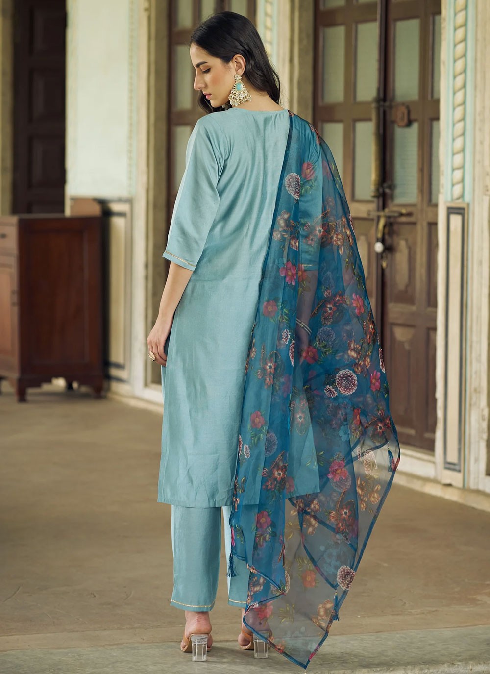 Pant Style Suit Embroidered, Zari Blue T6988