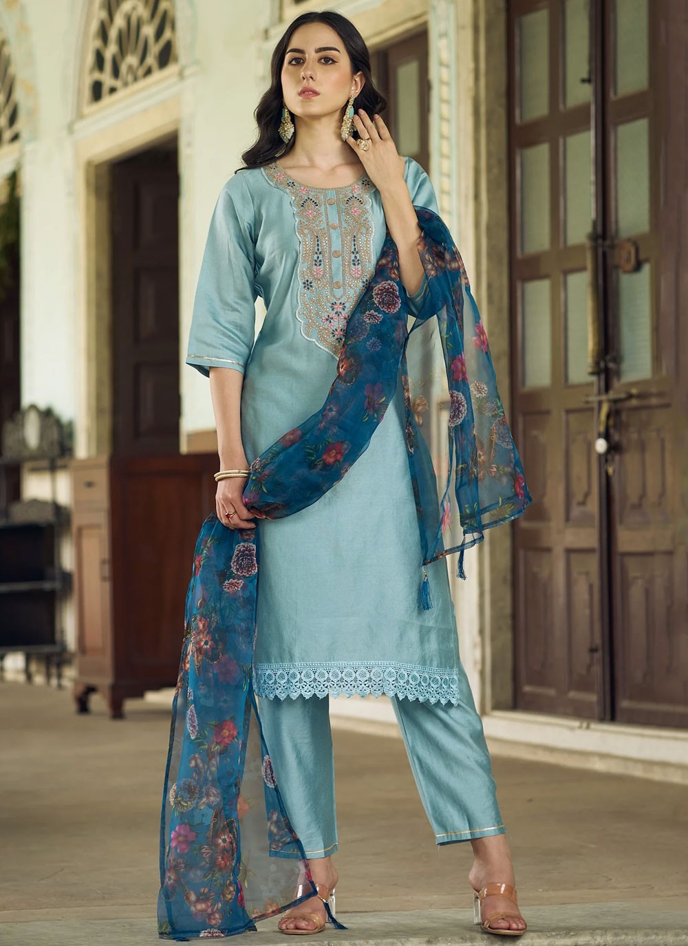 Pant Style Suit Embroidered, Zari Blue T6988