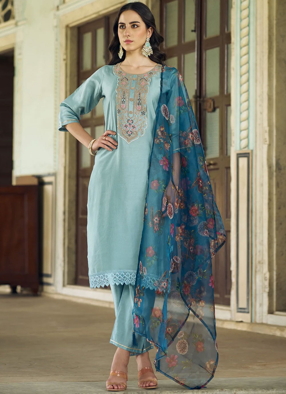 Pant Style Suit Embroidered, Zari Blue T6988