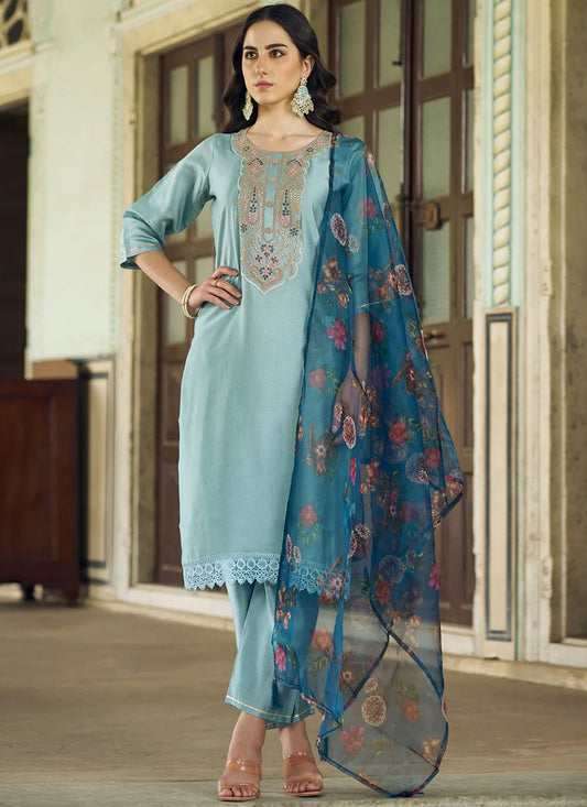Pant Style Suit Embroidered, Zari Blue T6988