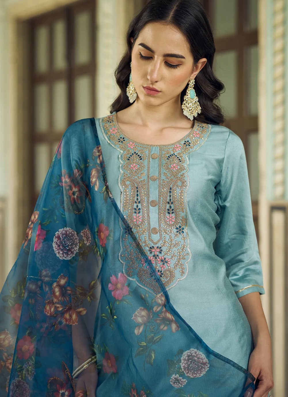 Pant Style Suit Embroidered, Zari Blue T6988