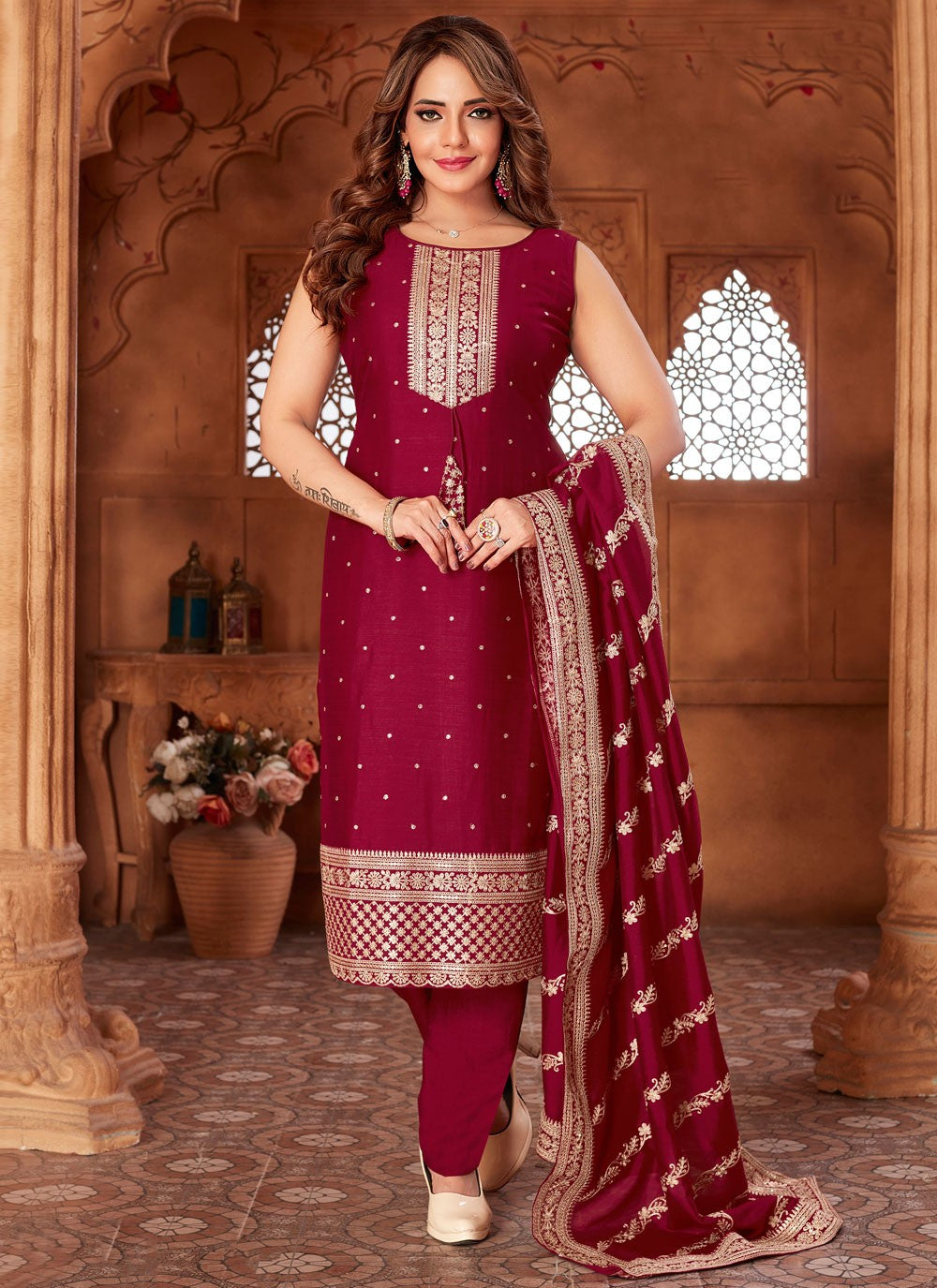 Pant Style Suit Embroidered, Zari Hot Pink T7889
