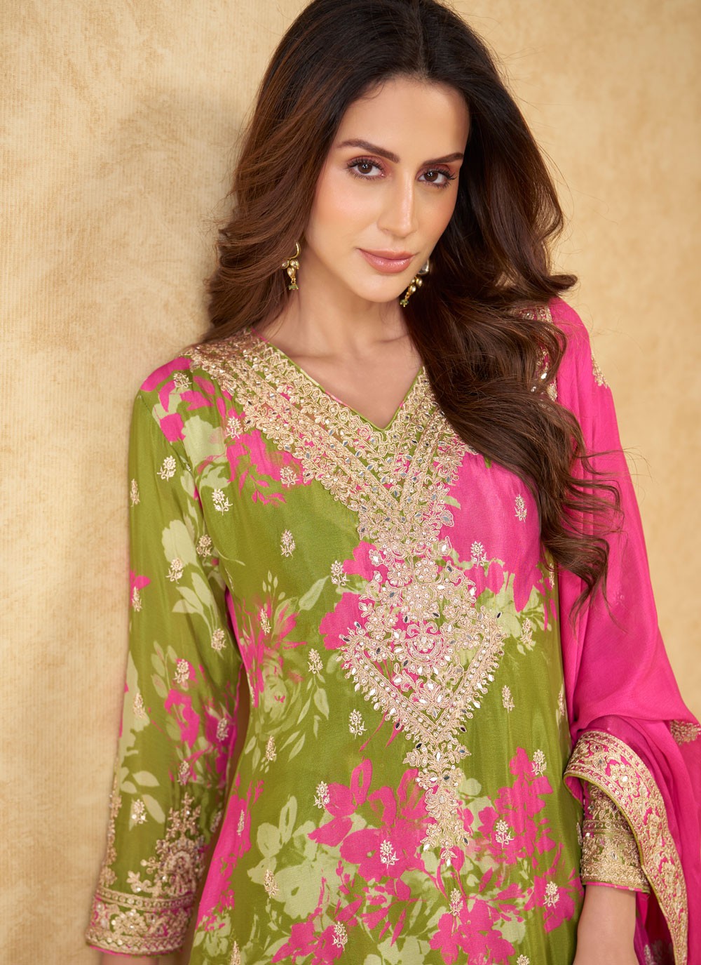 Palazzo Suit Digital Print, Embroidered, Mirror, Sequins, Zari Green T8015