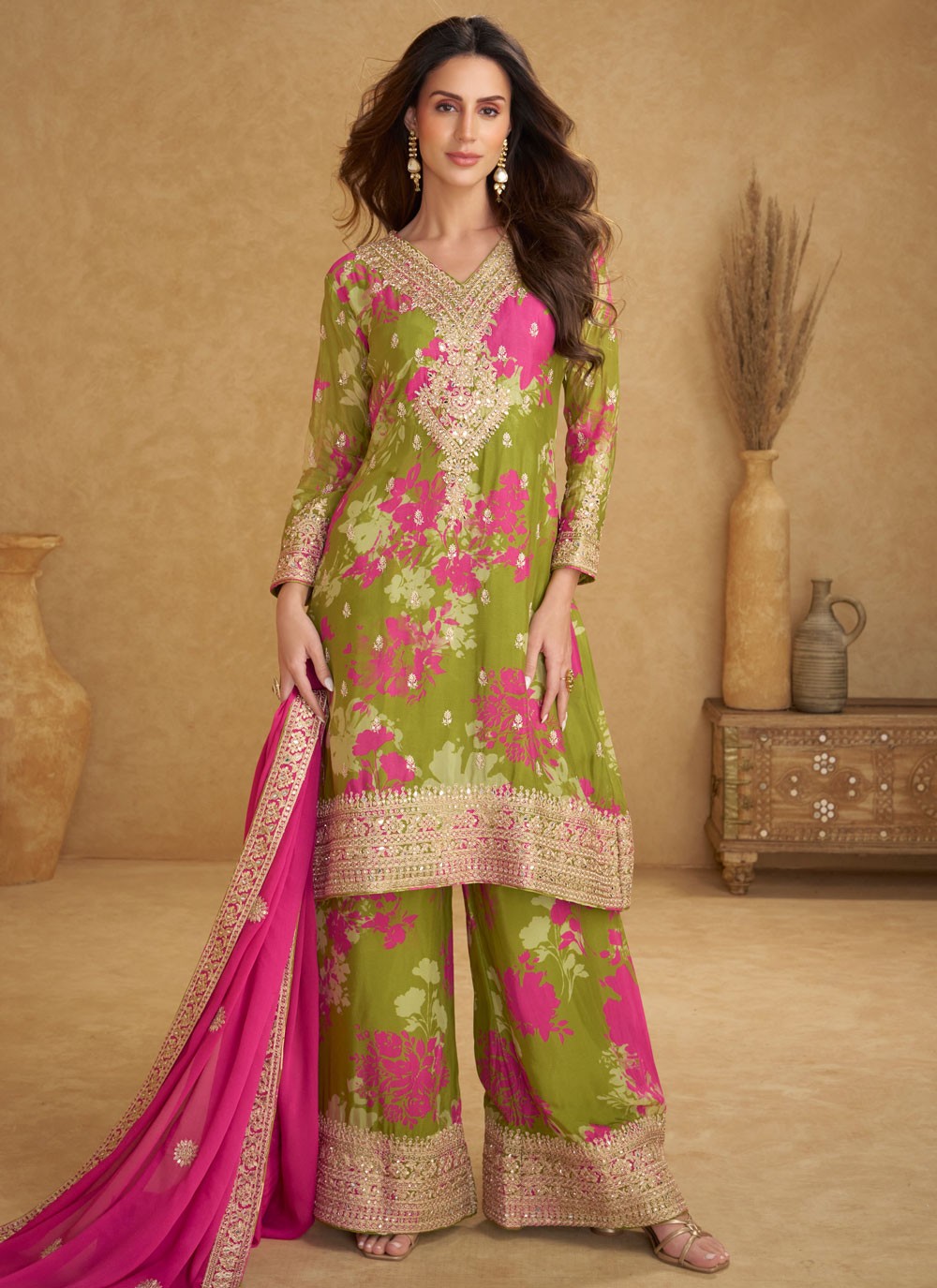 Palazzo Suit Digital Print, Embroidered, Mirror, Sequins, Zari Green T8015