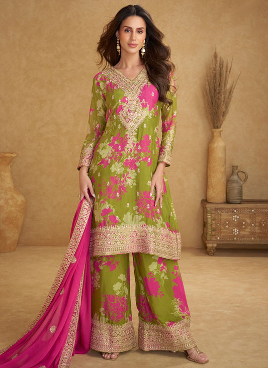 Palazzo Suit Digital Print, Embroidered, Mirror, Sequins, Zari Green T8015
