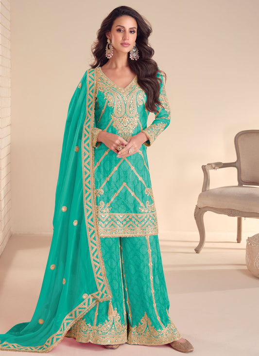 Palazzo Suit Digital Print, Embroidered, Sequins, Zari Turquoise T8135