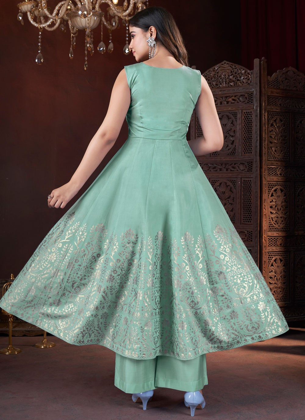 Salwar Suit Foliage Prints Turquoise Silk T5482