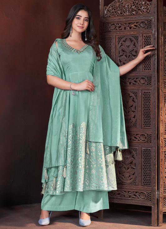 Salwar Suit Foliage Prints Turquoise Silk T5482