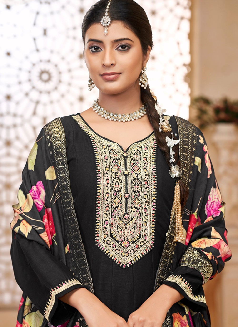 Embroidered Vichitra Silk Black Anarkali T5966