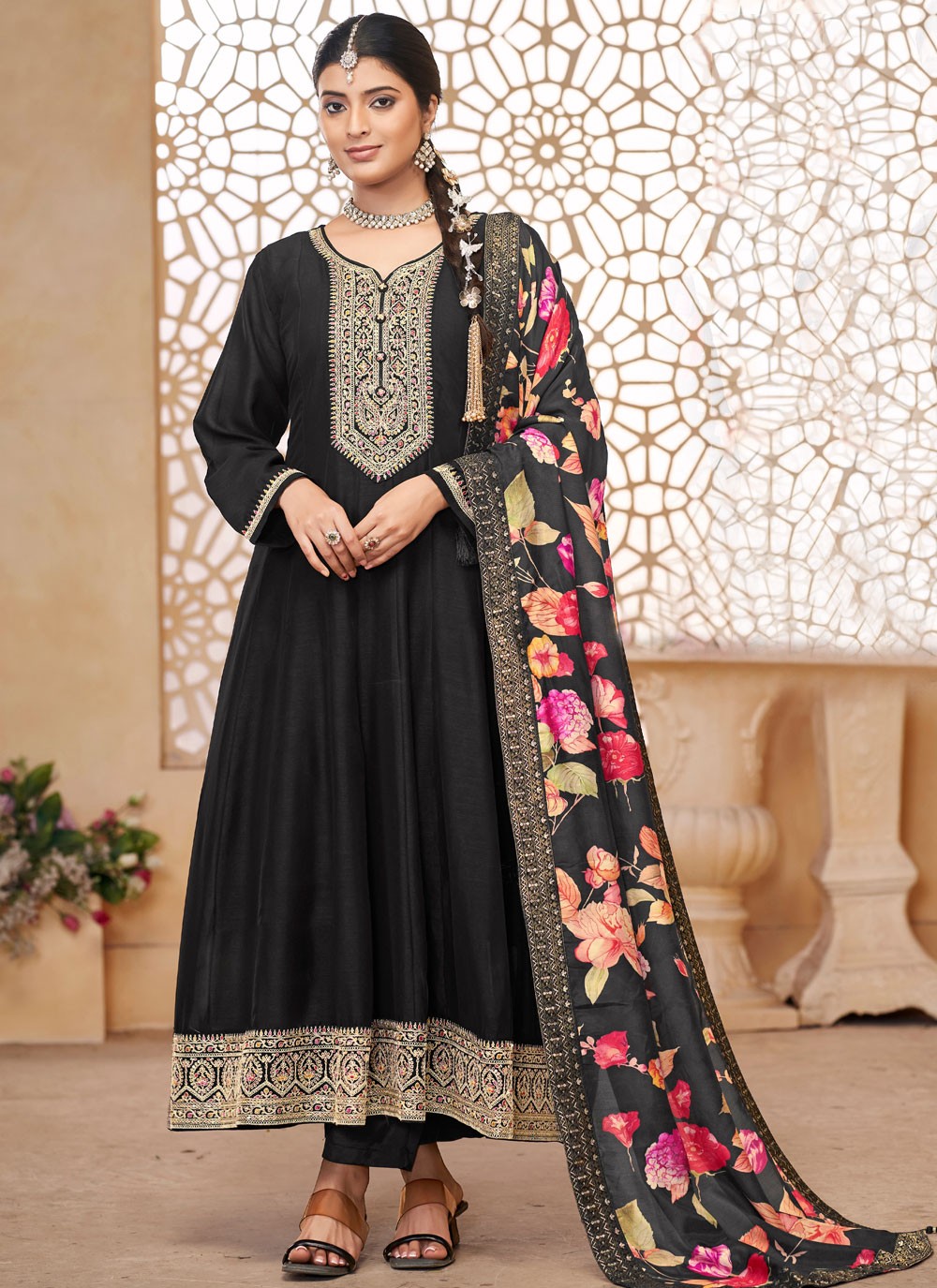 Embroidered Vichitra Silk Black Anarkali T5966