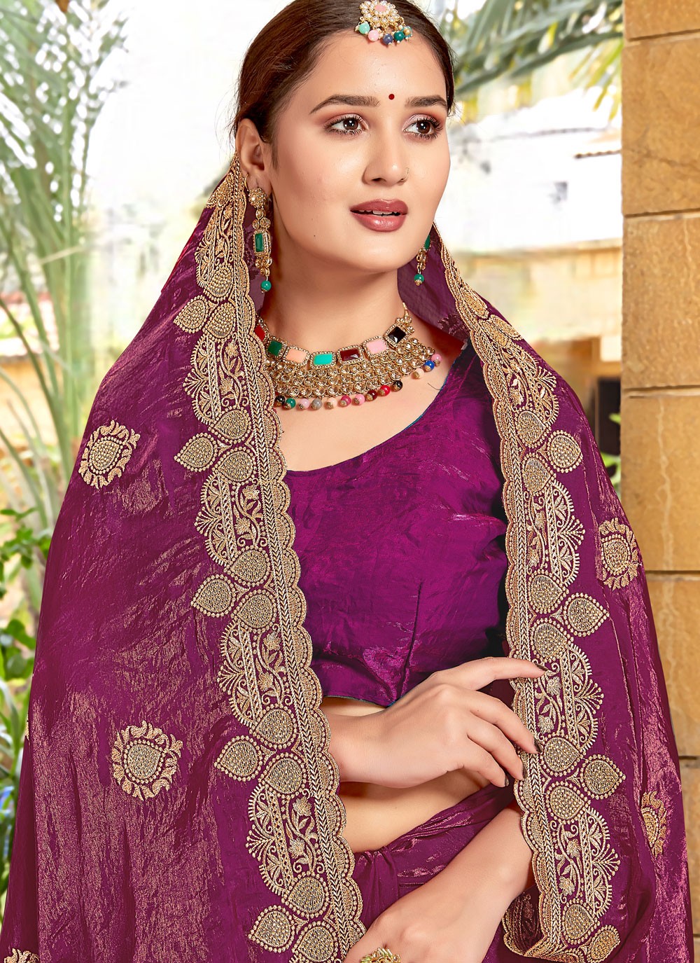 Embroidered Silk Wine Saree S14674