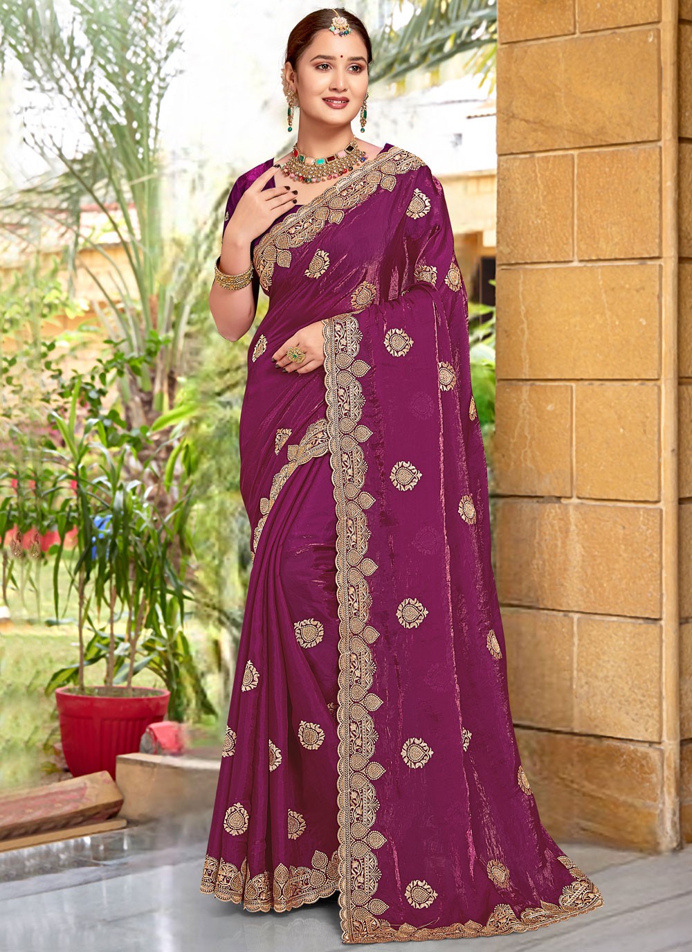 Embroidered Silk Wine Saree S14674