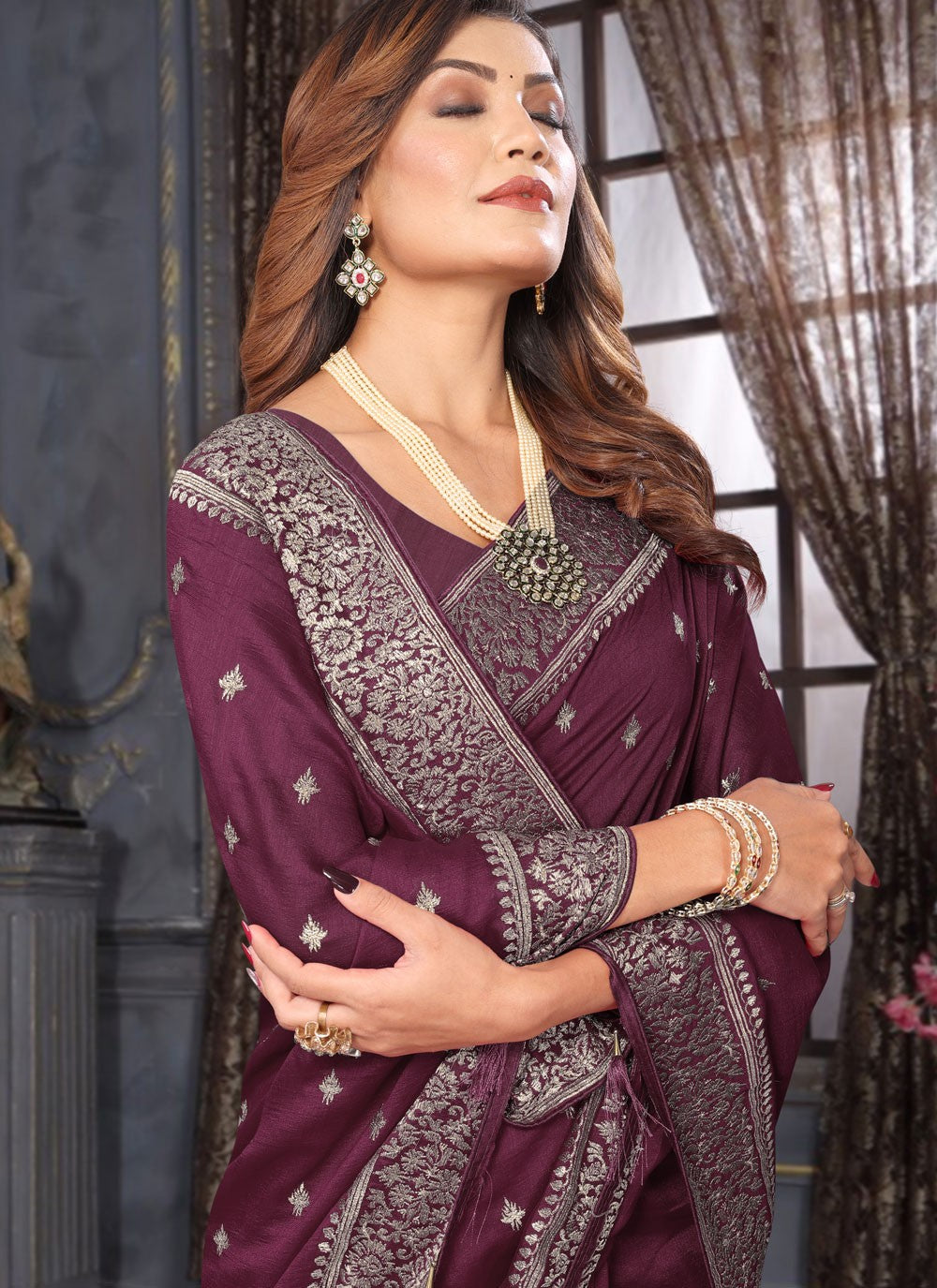 Classic Embroidered Vichitra Silk Saree - S7585