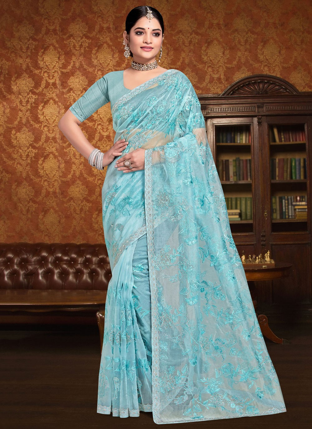 Contemporary Embroidered Aqua Blue Organza Saree S13251
