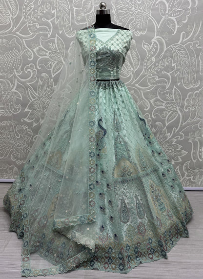 Dimond Net Aqua Blue Lehenga - L3372