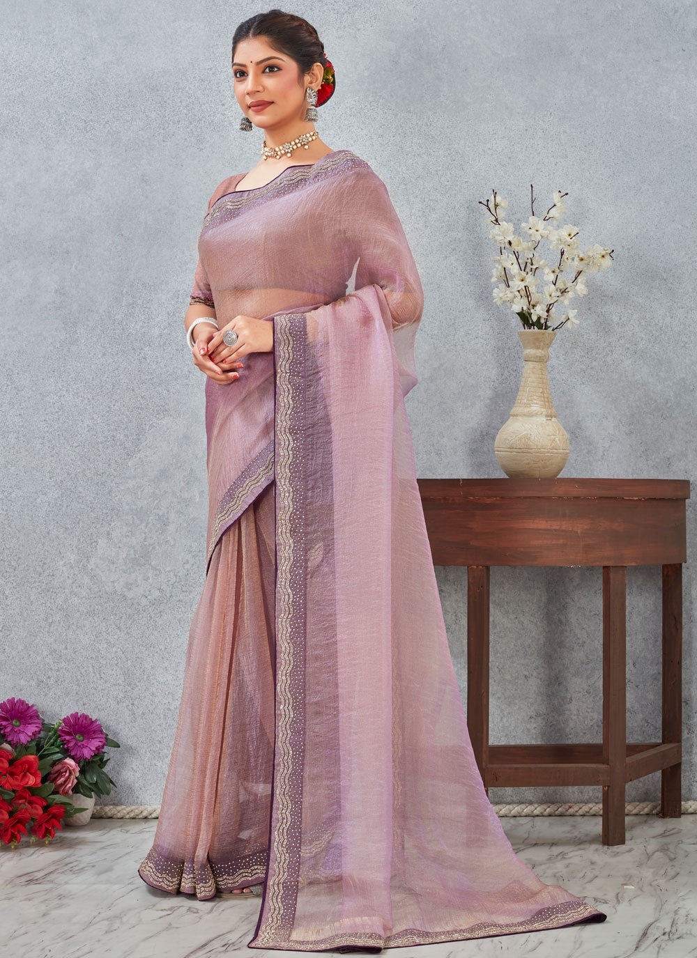 Lavender Silk Classic Saree Border Work, Zircon S20340