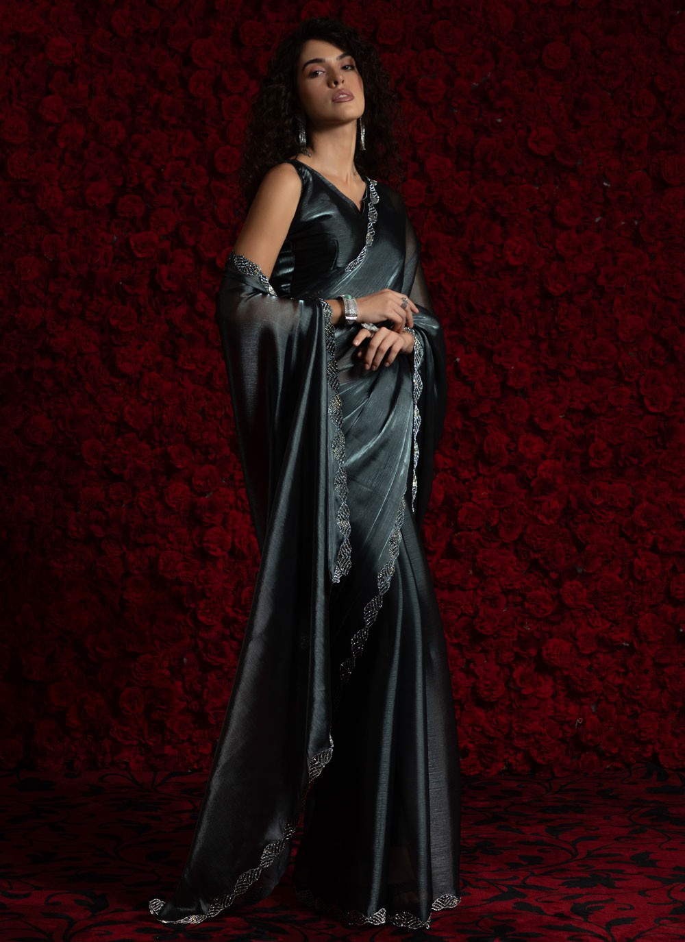 Grey Chiffon Traditional Saree Hand Embroidery, Zircon S17800