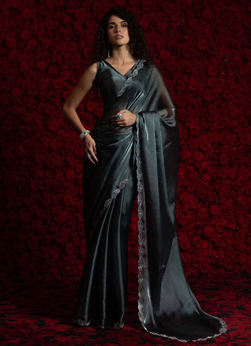 Grey Chiffon Traditional Saree Hand Embroidery, Zircon S17800