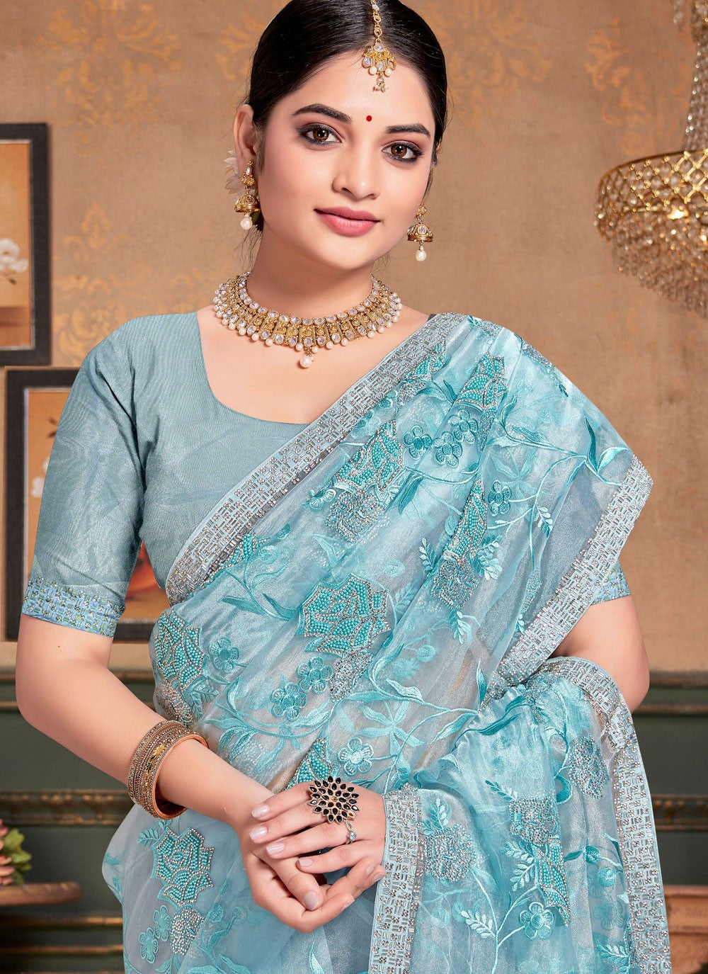 Contemporary Beads Aqua Blue Organza Saree S13246