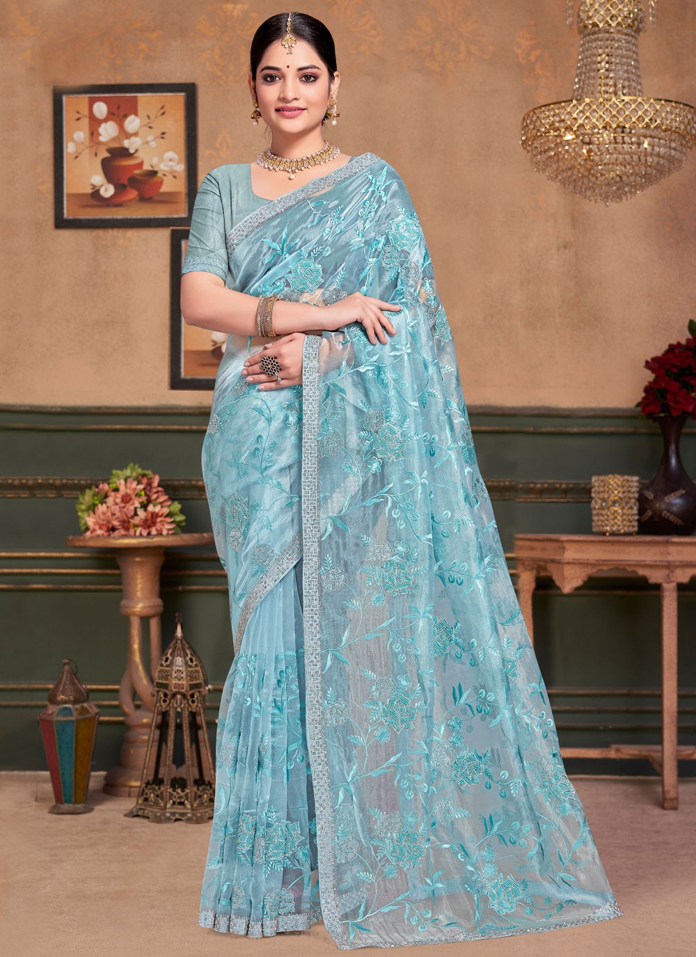 Contemporary Beads Aqua Blue Organza Saree S13246