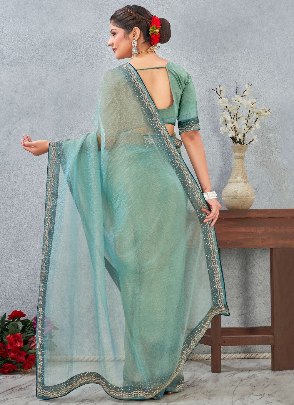 Sea Green Silk Traditional Saree Border Work, Zircon S20339